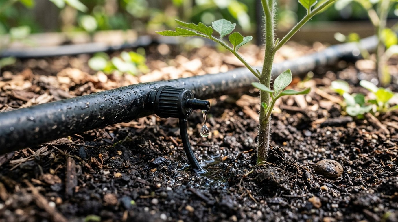 Close up of a drip irrigation emitter watering a garden seedling.