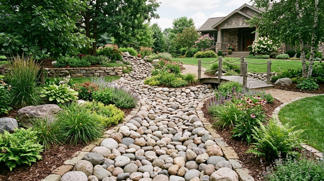 Decorative rock riverbed meandering through a lush residential backyard landscape.