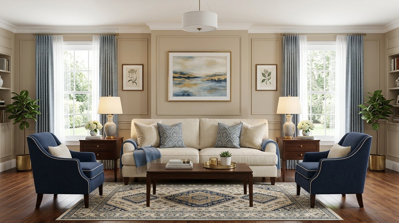 Traditional formal living room featuring a neutral sofa with patterned blue pillows and matching armchairs on a rug.