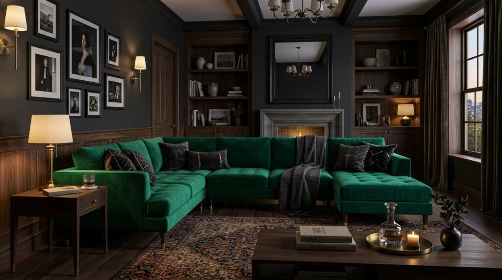 A plush emerald green velvet sectional sofa centerpiece in a modern family living room.