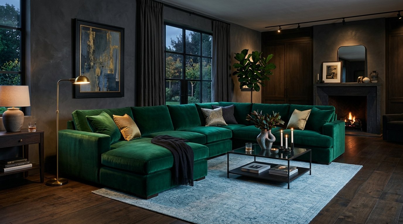 A dark, elegant living room featuring a velvet green sectional, fireplace, and glass coffee table.