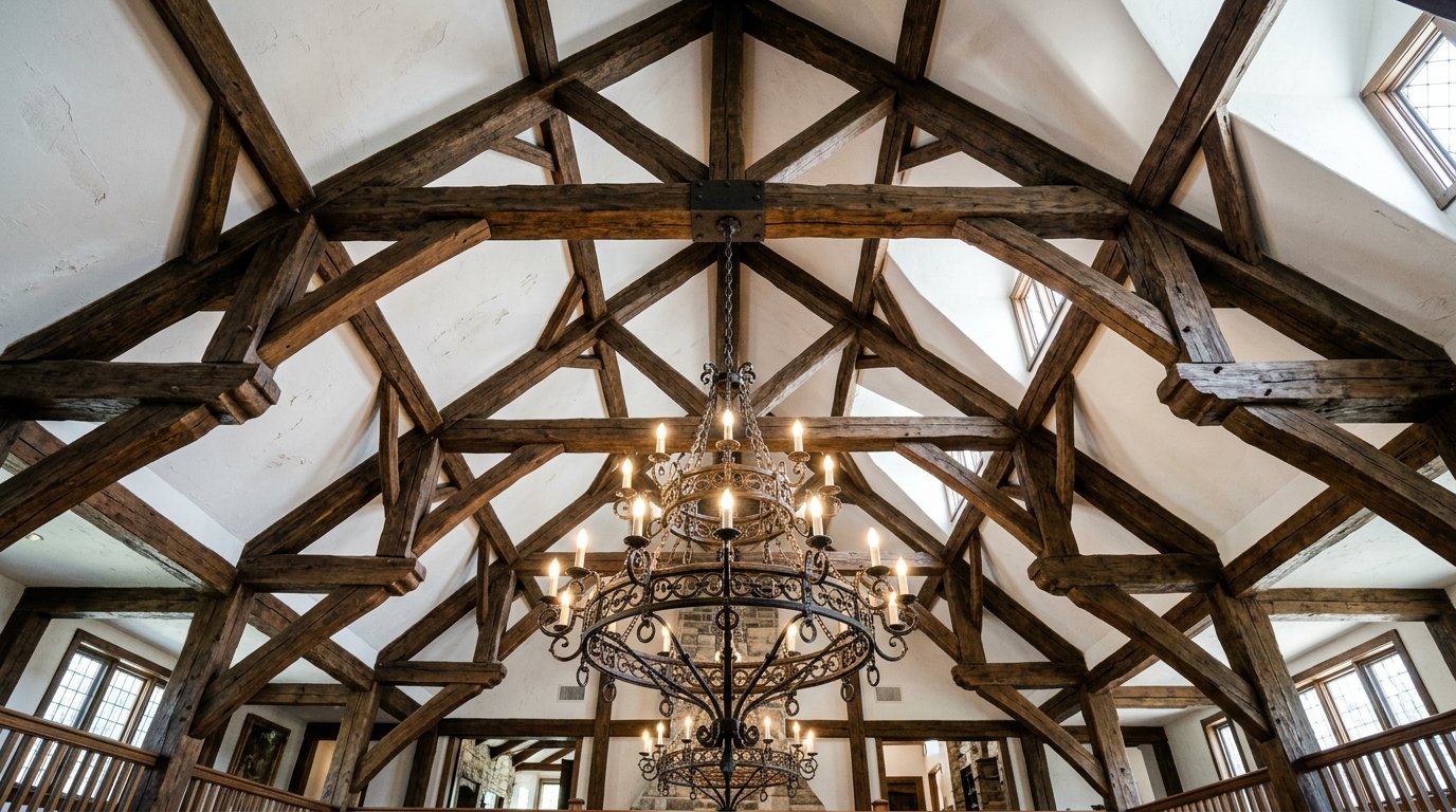 Large iron chandelier hanging from a cathedral ceiling with dark wooden trusses