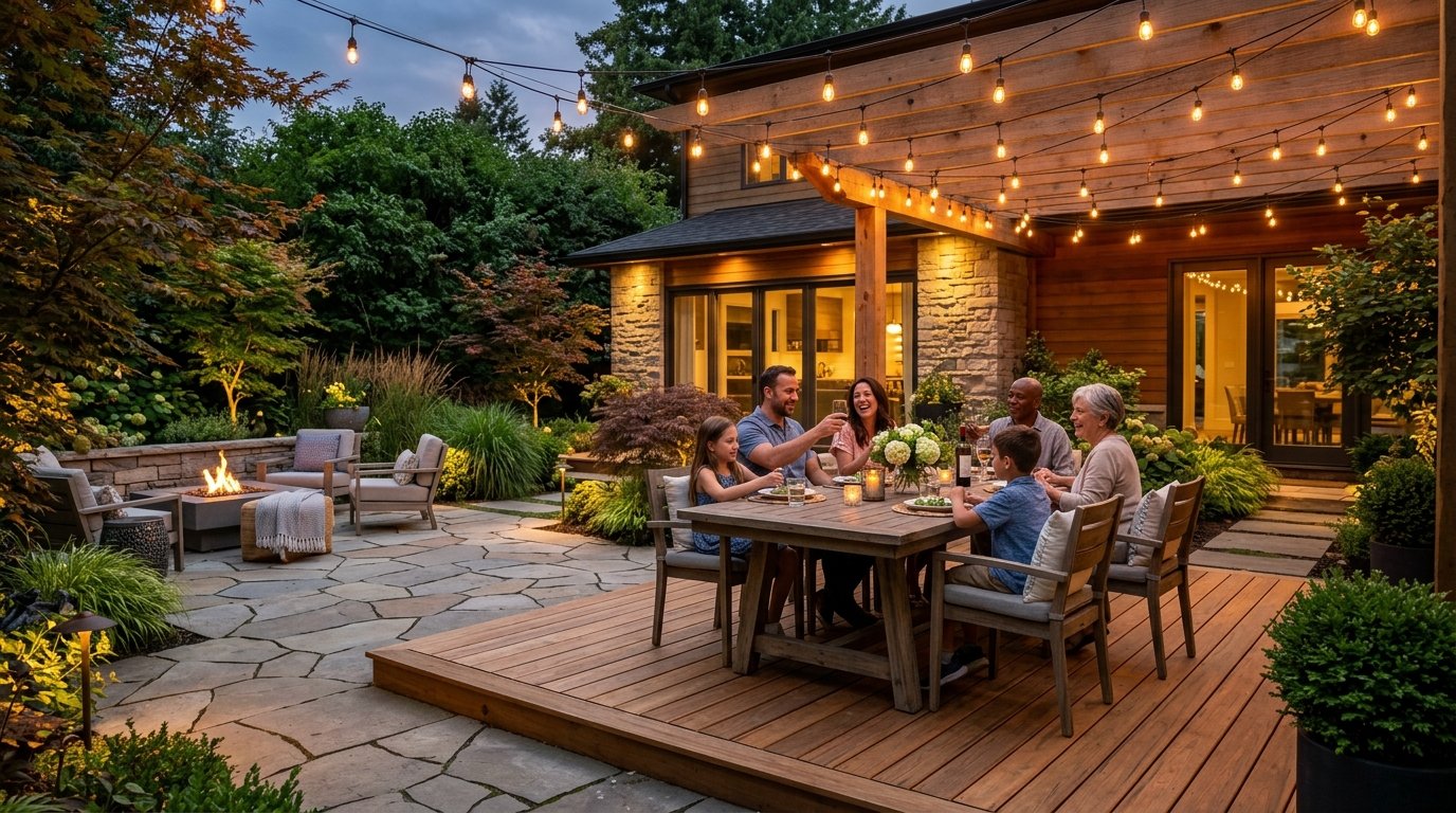 Group of adults and children eating dinner on an outdoor patio lit by string lights at twilight.