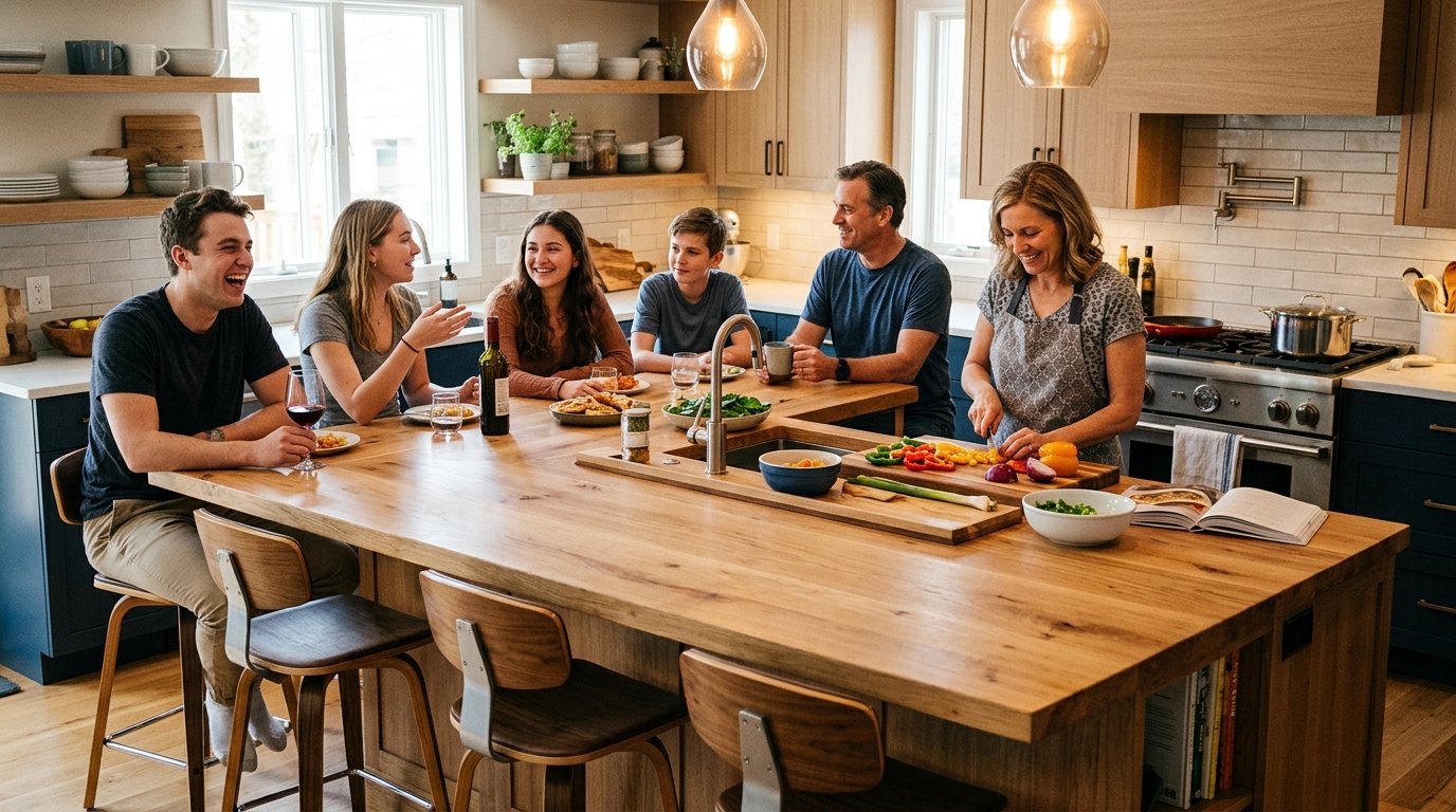 A mother chopping vegetables at a wooden kitchen island while her husband and three children chat and eat.