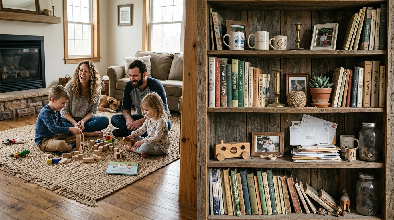 Parents and two young children sitting on a living room rug while a rustic wooden bookshelf stands nearby.