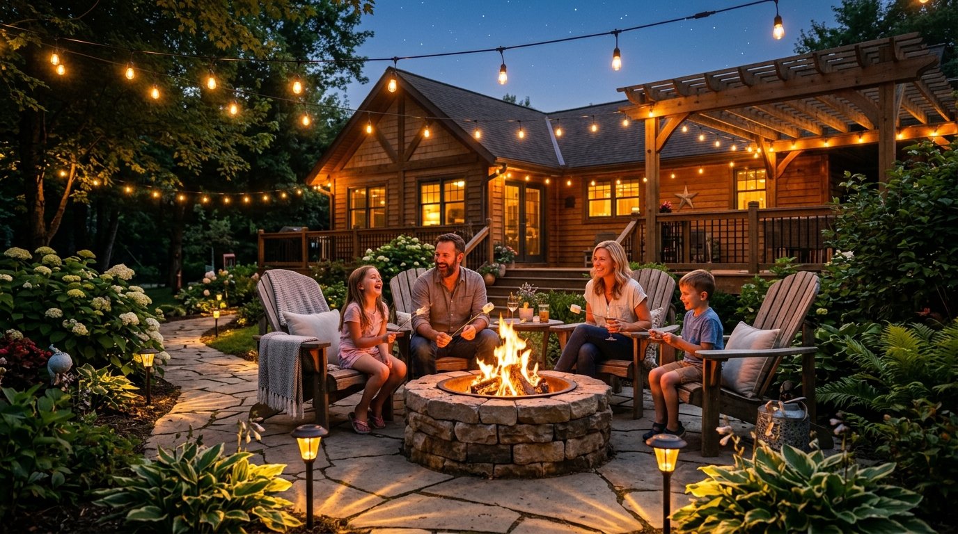 Parents and two children sitting on wooden chairs around an illuminated backyard fire pit at night.