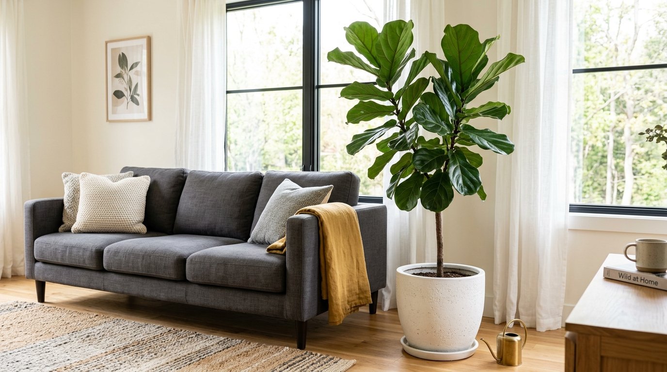 A potted fiddle leaf fig tree stands in a white planter next to a grey couch with mustard throw and textured pillows.