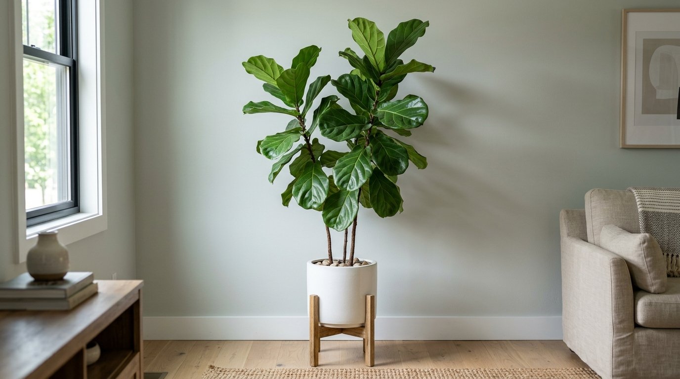 Large green fiddle leaf fig houseplant in a white ceramic pot sitting on a mid-century style wooden floor stand.