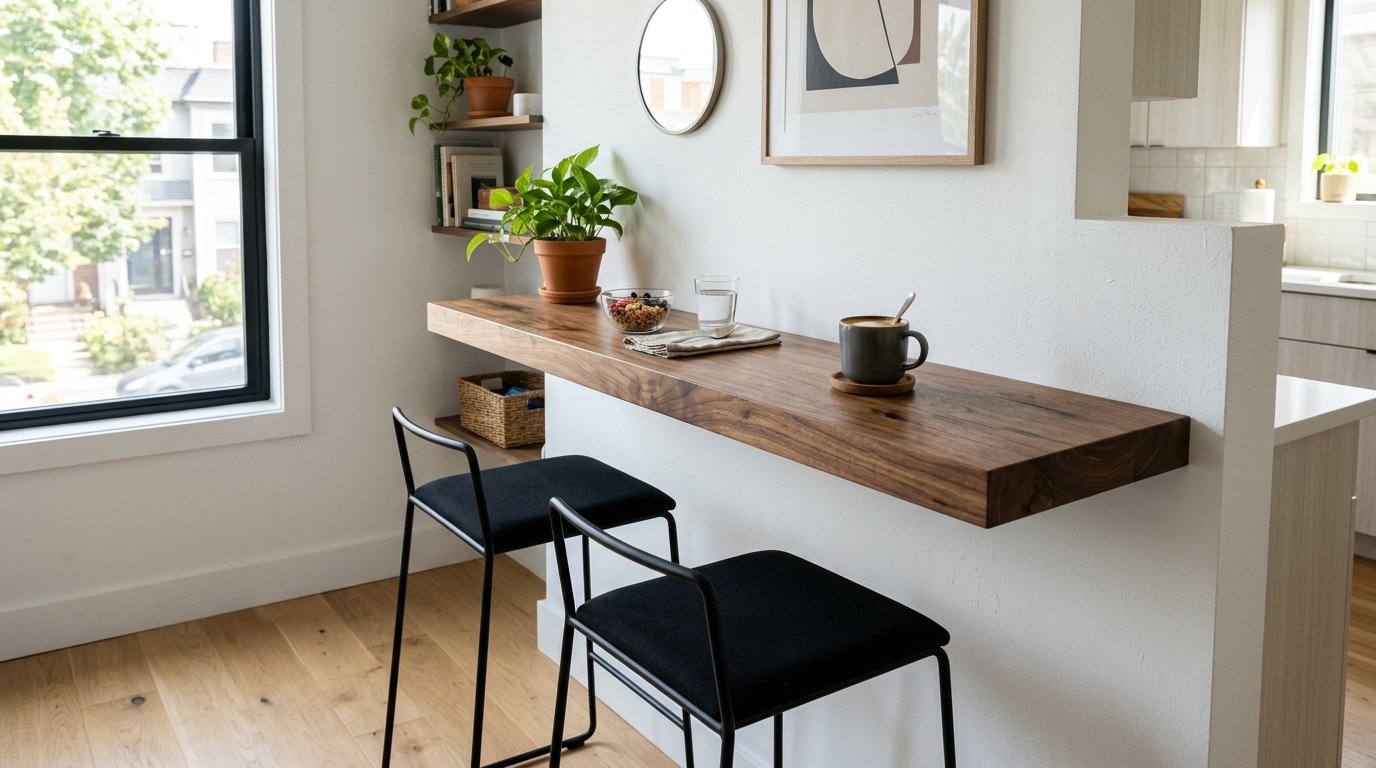 A narrow dark wood shelf attached to a white wall with black stools, a coffee mug, and a bowl of granola.