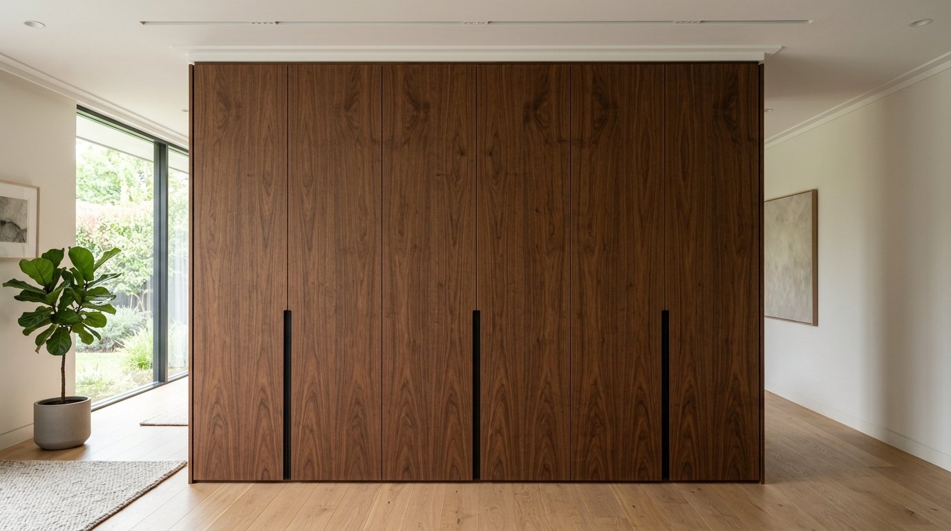 Large wooden storage unit spanning wall to wall in a modern room with a fiddle leaf fig plant.