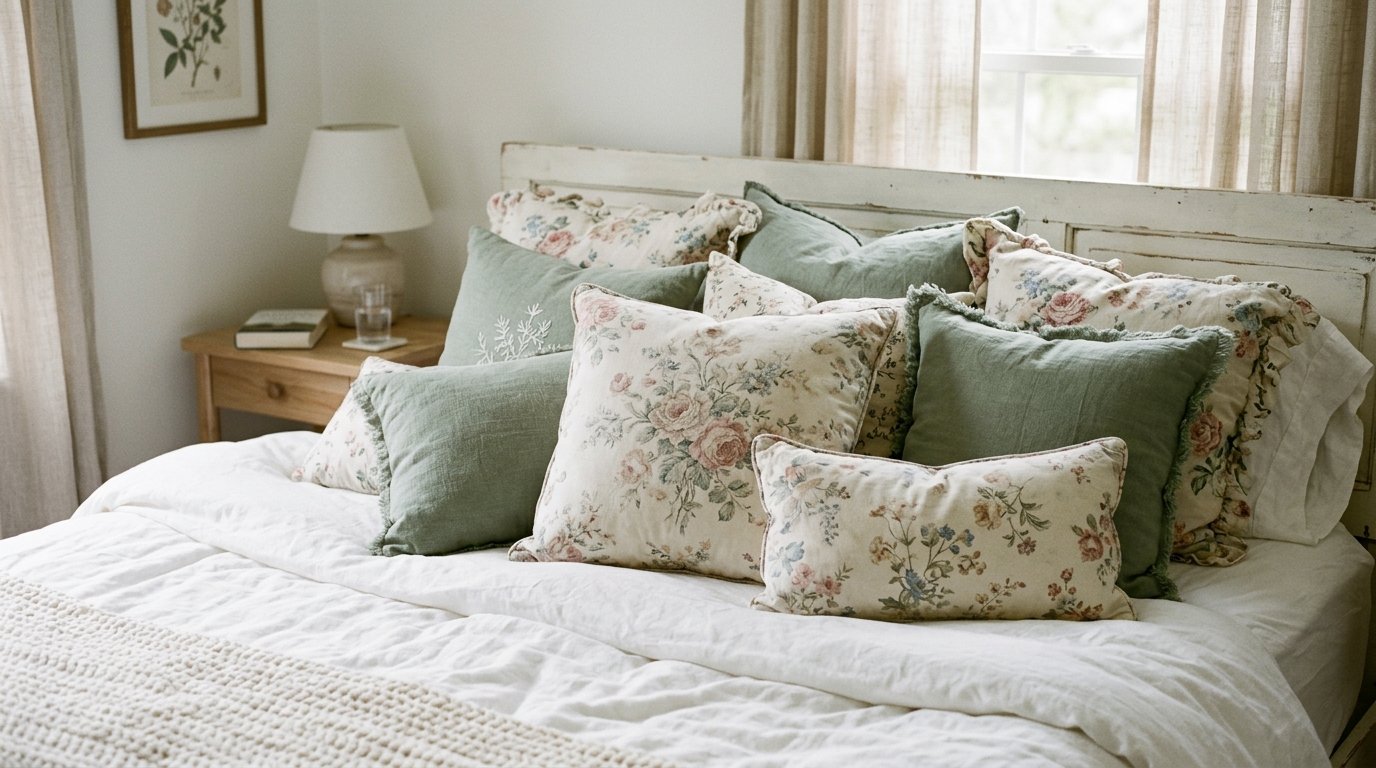 A collection of floral print and solid sage green throw pillows arranged on a bed with white linen bedding.