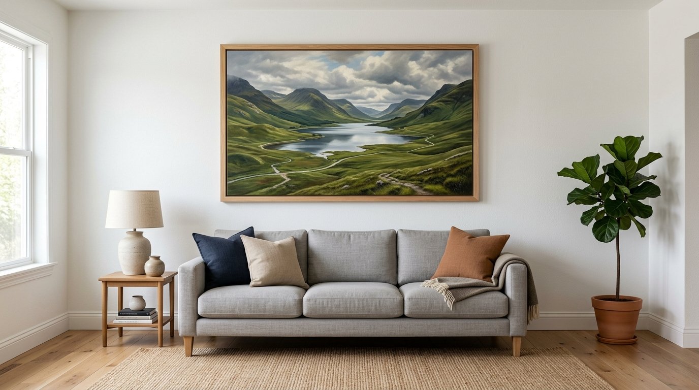 Modern living room featuring a framed mountain lake art print above a couch with throw pillows and a potted fiddle leaf fig.