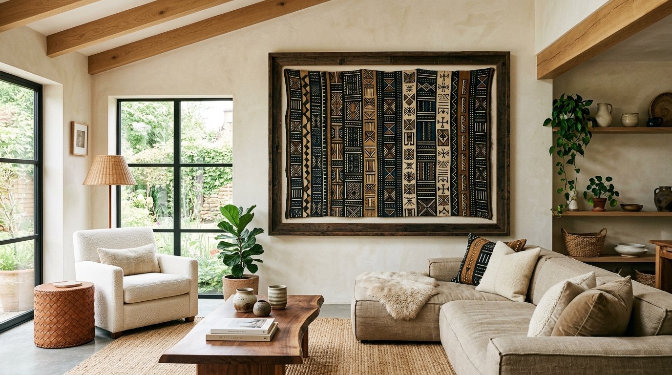 A beige living room featuring a framed tribal patterned mudcloth fabric on the wall above a sectional sofa.