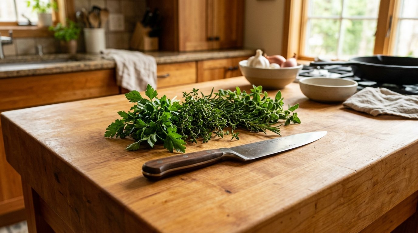 A bundle of parsley, thyme, and rosemary sits next to a large kitchen knife on a wooden butcher block island.