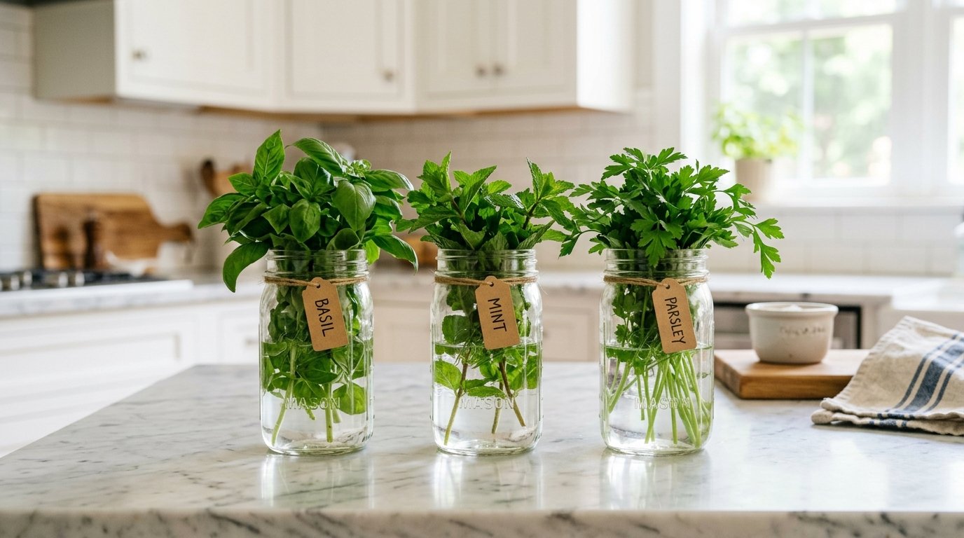 Fresh basil, mint, and parsley stems sit in water-filled glass jars with cardboard labels on a marble countertop.