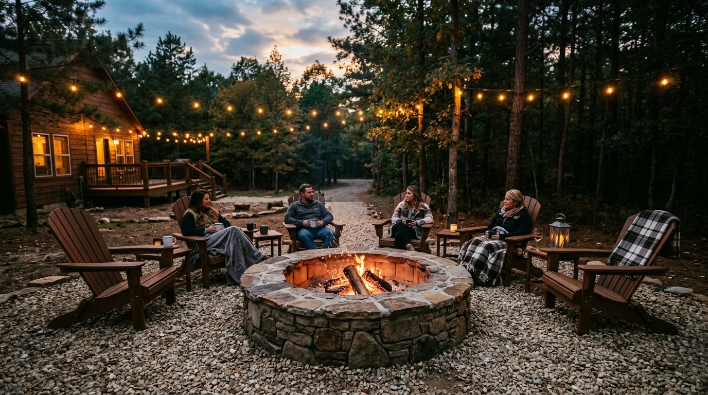 People sitting in wooden chairs by a fire pit outside a cabin at sunset.