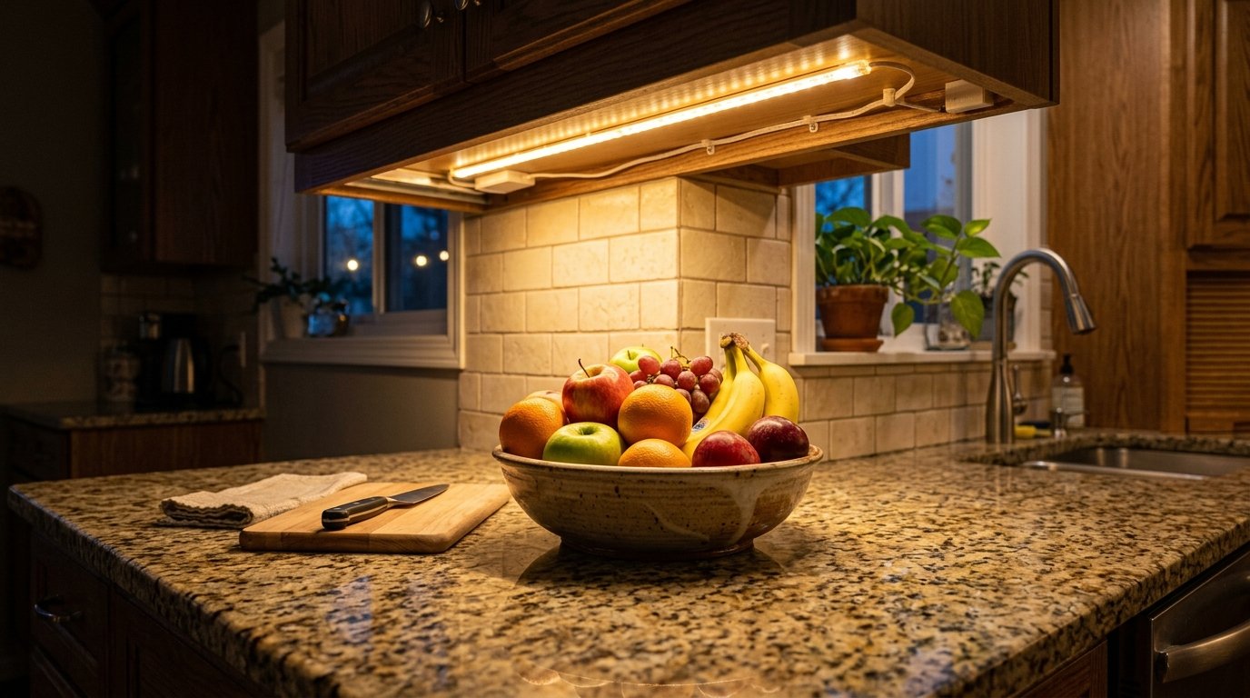 Ceramic bowl filled with assorted fresh fruit sits under a bright LED light strip on granite counters.