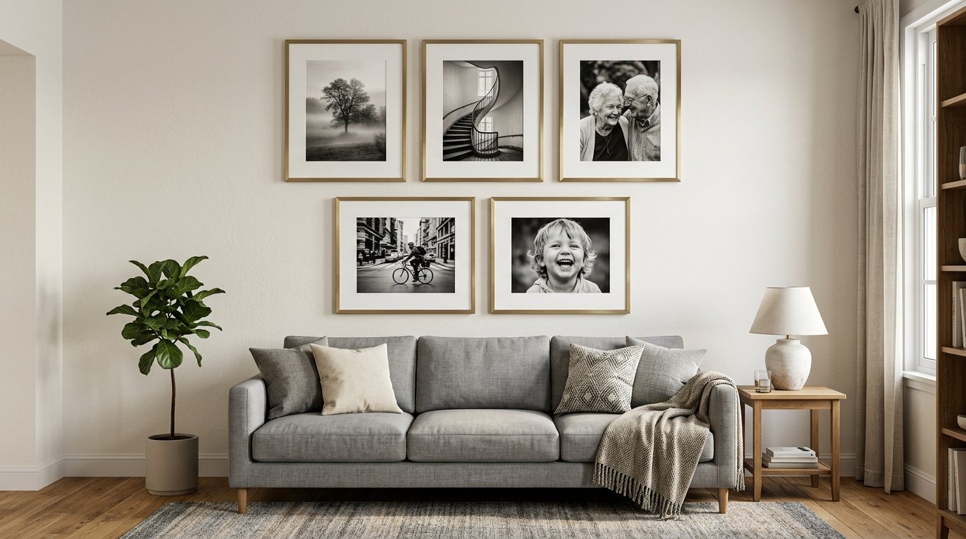 A gray couch sits in front of a gallery wall with five black and white photos in gold frames.