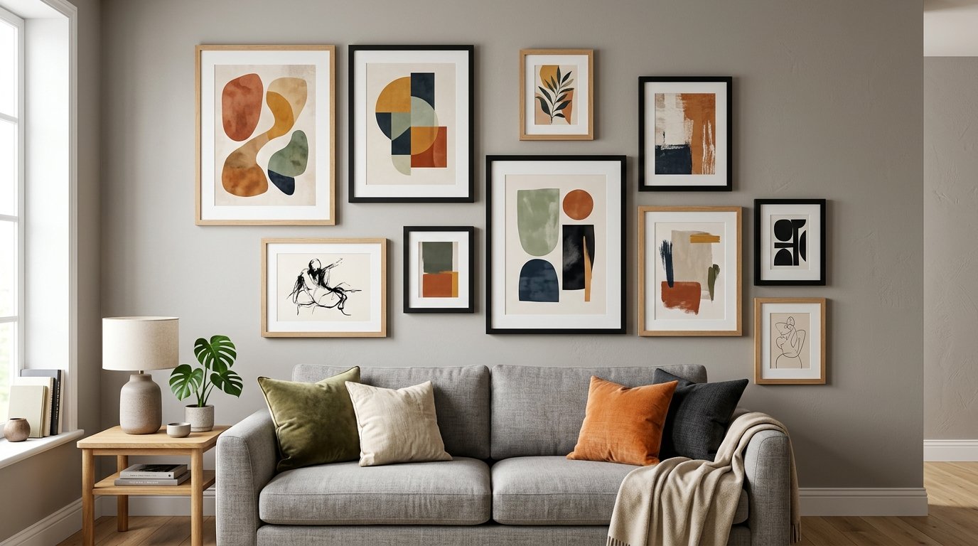 Living room featuring a grey couch and a collection of framed abstract and line art prints on the wall.