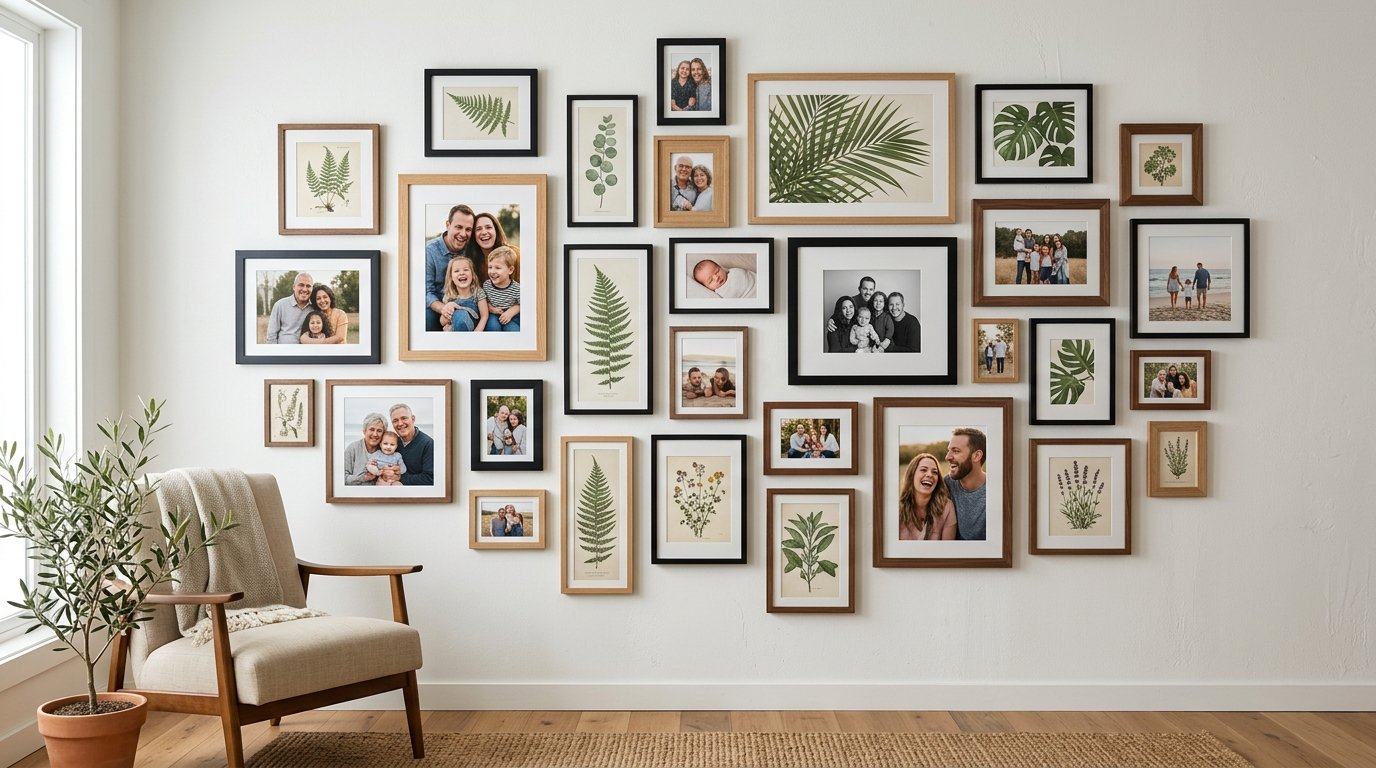 Living room wall decorated with a collection of framed family photos and nature prints above an armchair.
