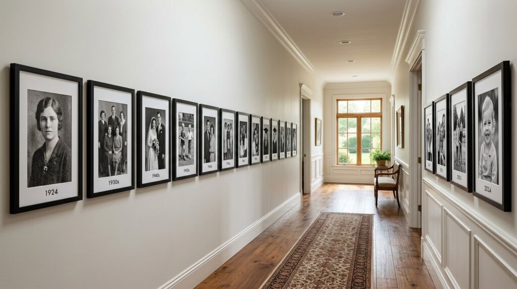 A carefully curated gallery wall display featuring framed art in a bright modern hallway.