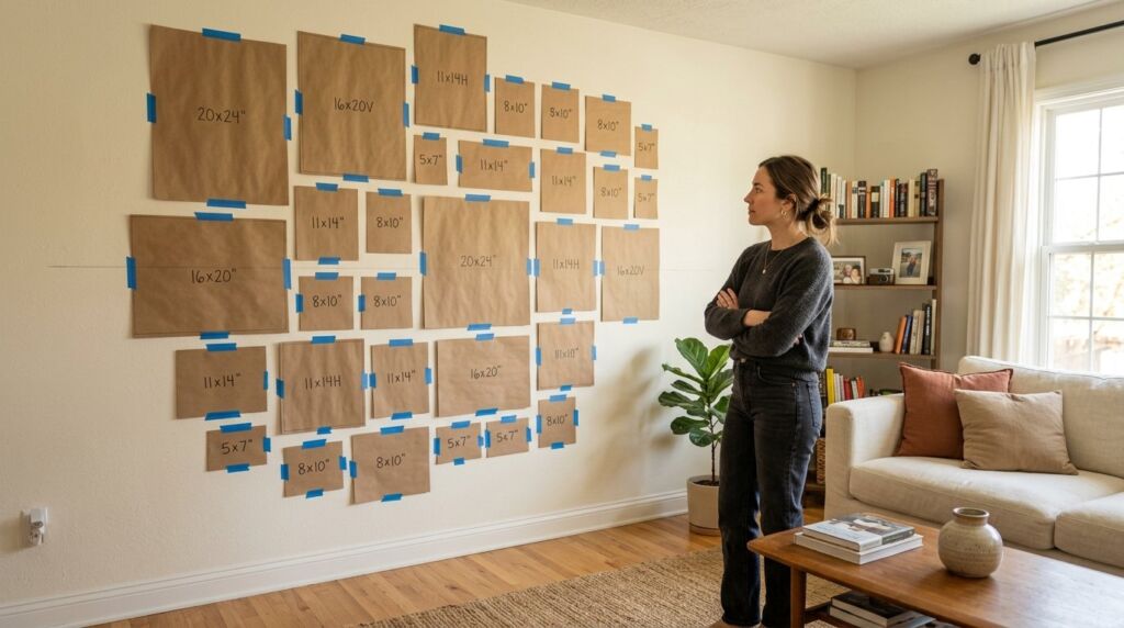 A woman carefully planning a gallery wall layout on her living room floor before hanging art frames.