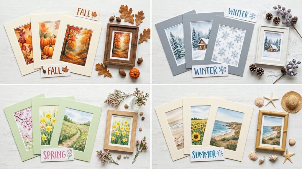 A set of four art prints arranged in a gallery wall layout in a modern living room.