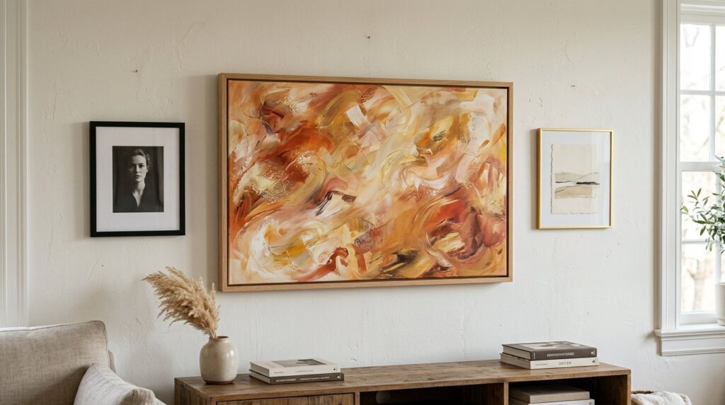 A large canvas print hanging as part of a curated gallery wall in a bright modern living room.