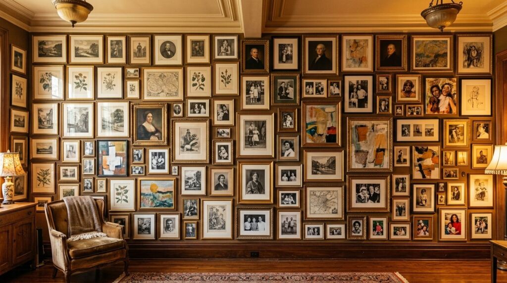 A perfectly arranged gallery wall featuring diverse art prints above a modern living room sofa.