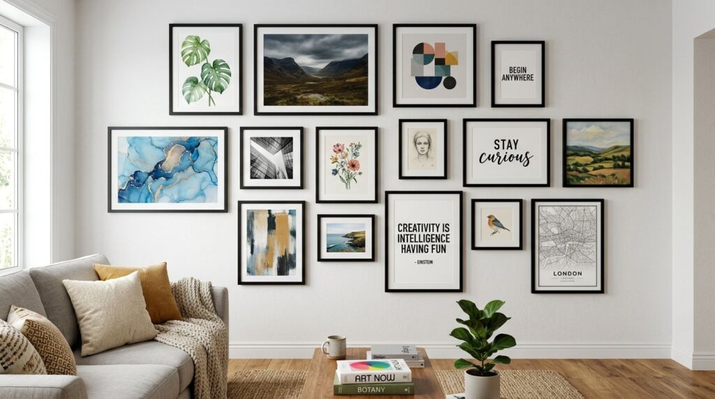 A curated gallery wall display featuring framed art in a cozy, modern living room setting.