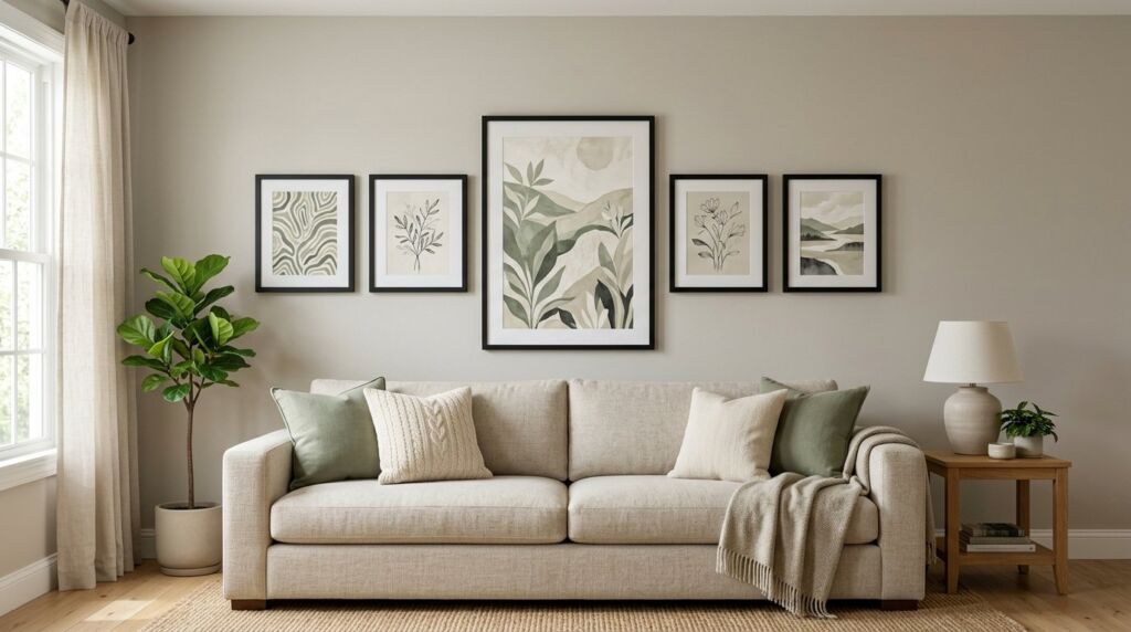 A beautifully arranged gallery wall featuring assorted frames hanging above a modern living room couch.