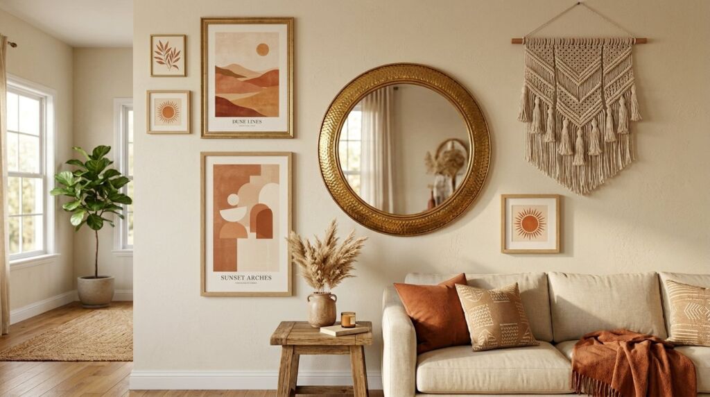 A beautifully arranged gallery wall featuring diverse art prints in a cozy modern living room.