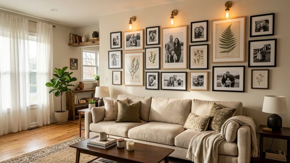 A well-curated gallery wall featuring diverse frames in a bright, modern living room.