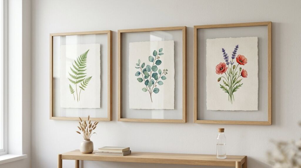 A curated gallery wall display in a living room featuring three identical modern IKEA frames.