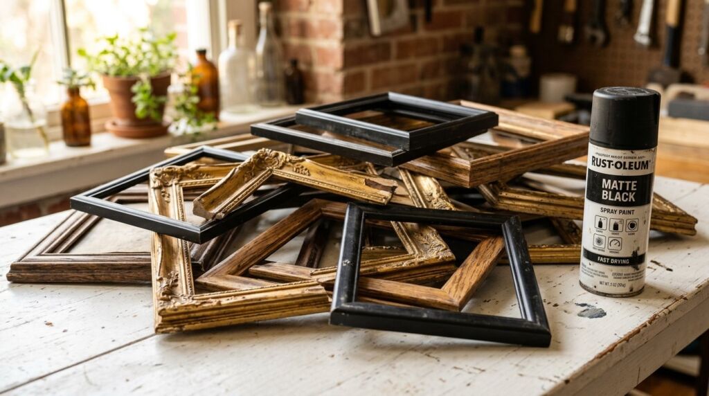 A carefully curated gallery wall featuring various picture frames in a modern living room setting.