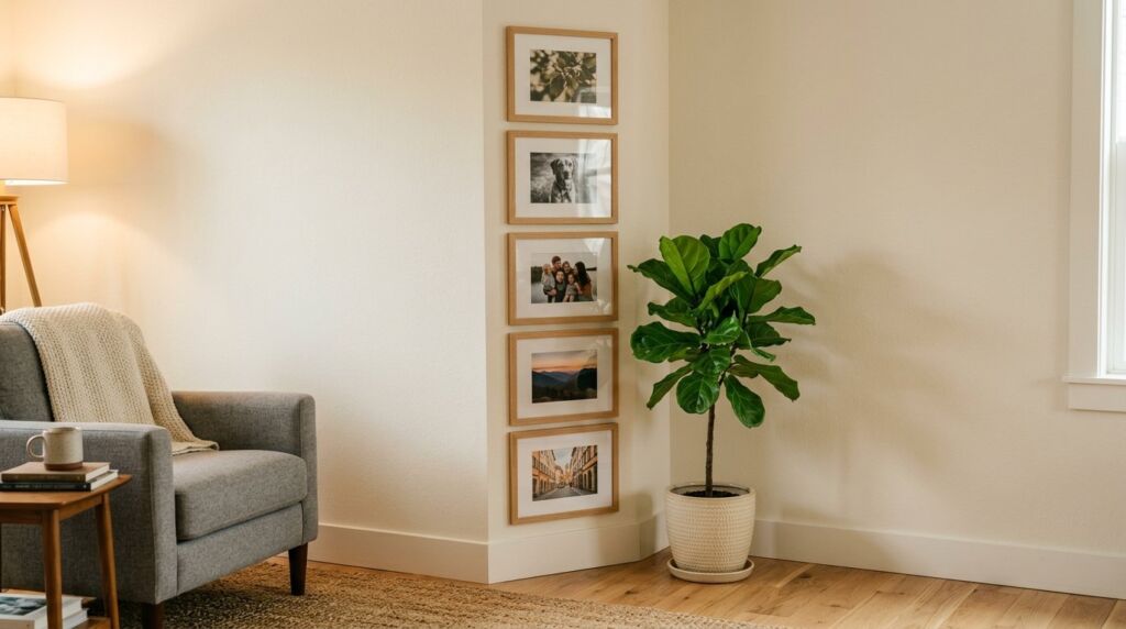 A curated gallery wall display in a modern living room featuring a green fiddle leaf fig plant in a decorative pot.
