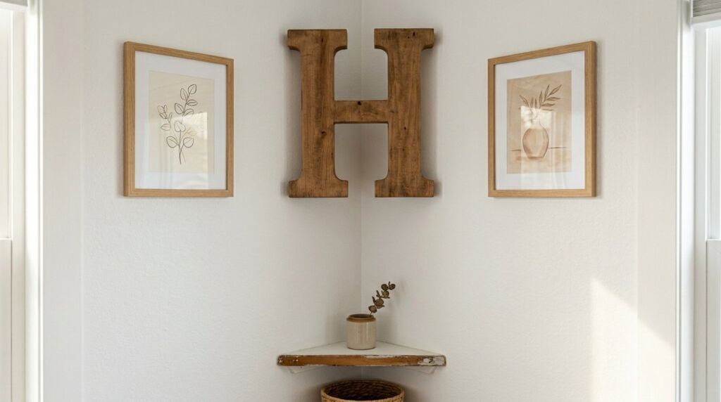 A decorative wooden letter H displayed as part of a curated gallery wall in a modern living room.