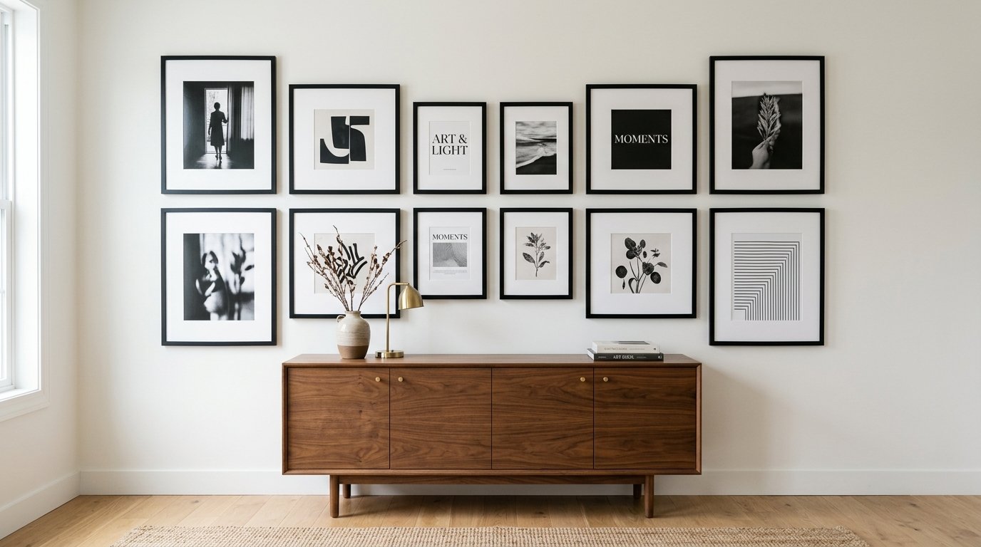 A symmetrical arrangement of twelve framed black and white art prints hung above a mid-century modern wooden sideboard.