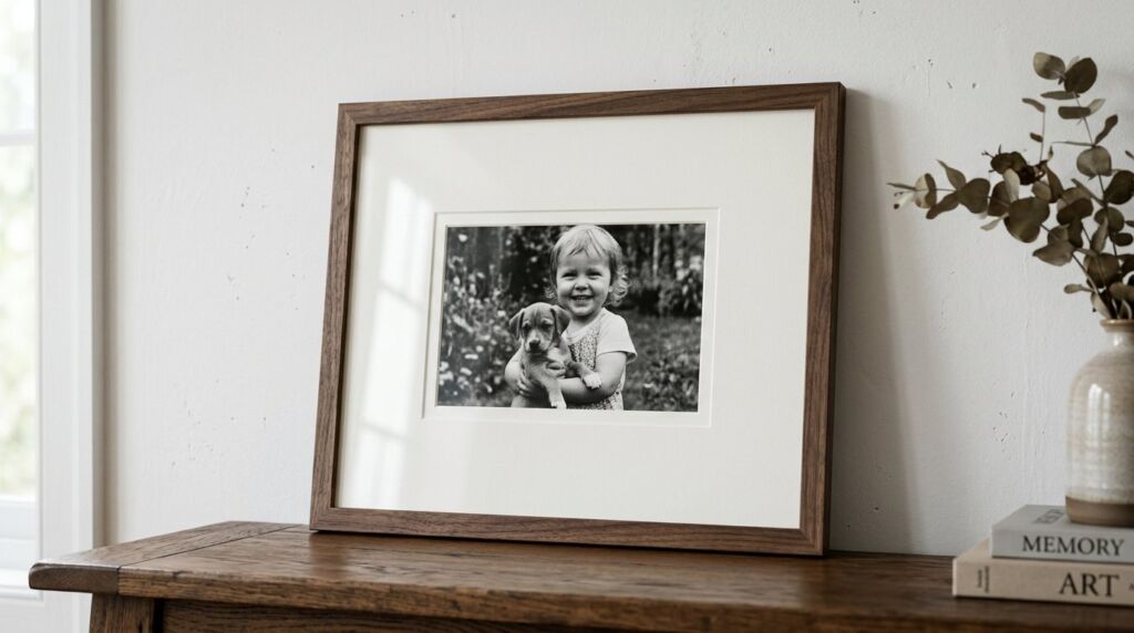 A decorative picture frame carefully positioned on a styled living room gallery wall.