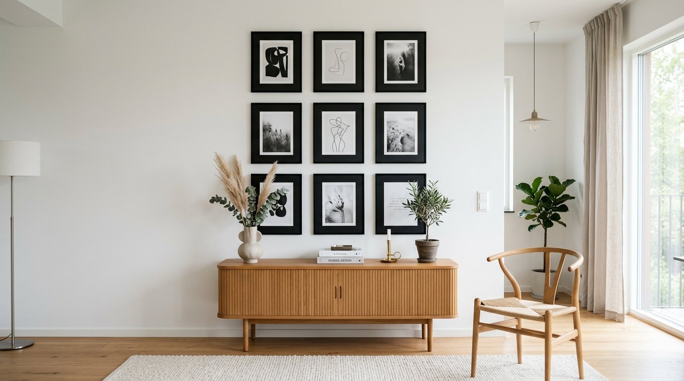 A wooden cabinet under a grid of nine framed black and white art prints in a bright, modern living space.