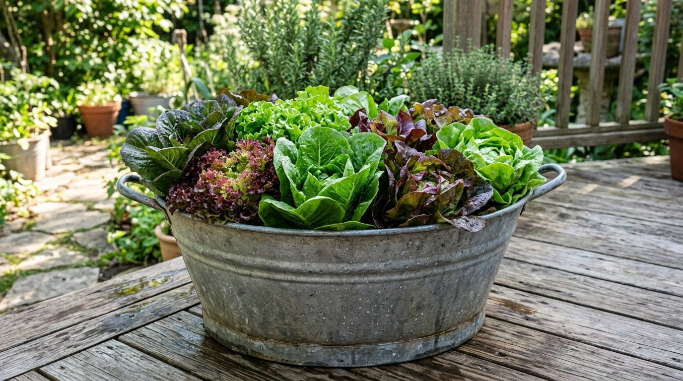 Various heads of red and green lettuce growing inside a galvanized steel wash tub on a wooden deck.