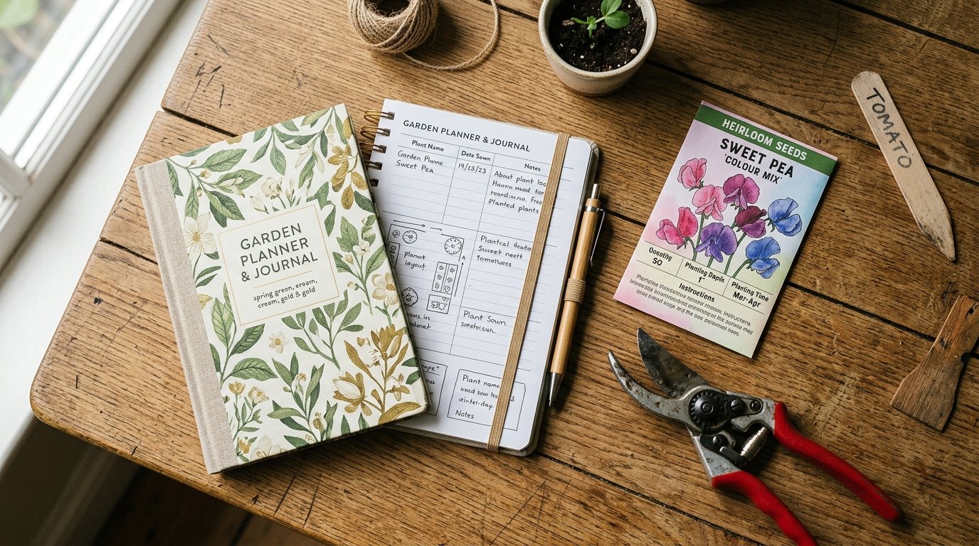 An open garden journal, a packet of heirloom sweet pea seeds, and pruning shears resting on a wooden tabletop.