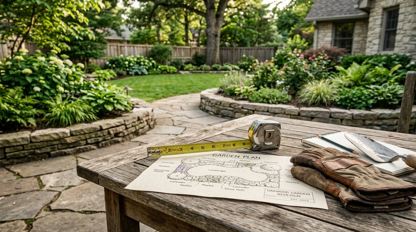 Close-up of a landscape design sketch, tape measure, trowel, and gardening gloves sitting on a weathered outdoor table.