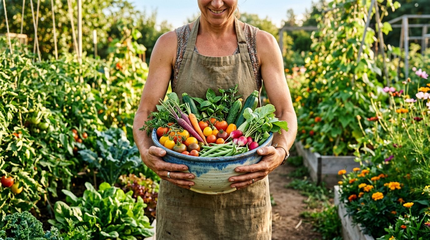 Close-up of a gardener wearing an apron holding a large bowl of colorful carrots, tomatoes, radishes, and green beans.