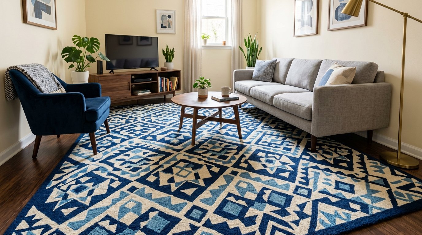 Living room featuring a large blue geometric area rug, grey sofa, navy armchair, and mid-century wooden furniture.