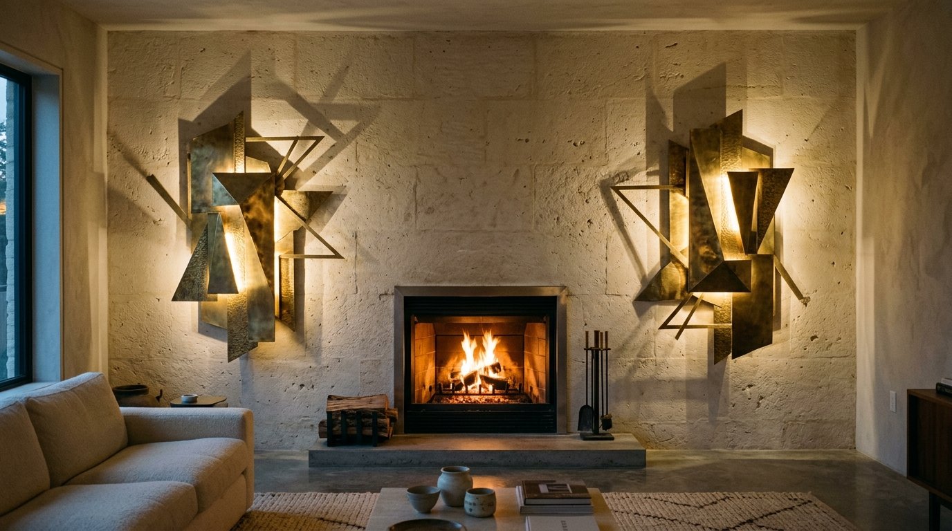 Two large gold-toned angular wall art pieces with integrated lighting flank a stone fireplace with a burning fire.