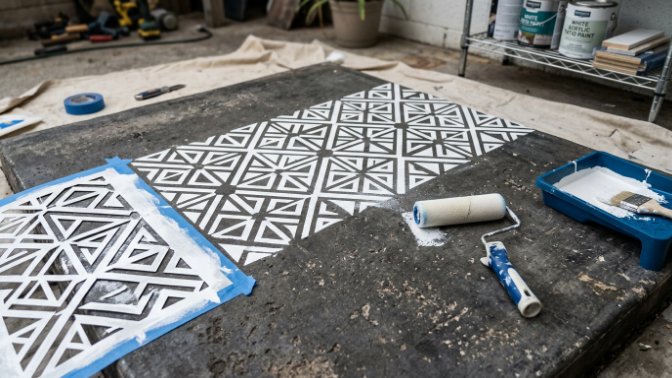 A paint roller and stencil used to add white triangles and squares to a gray concrete floor during a home project.