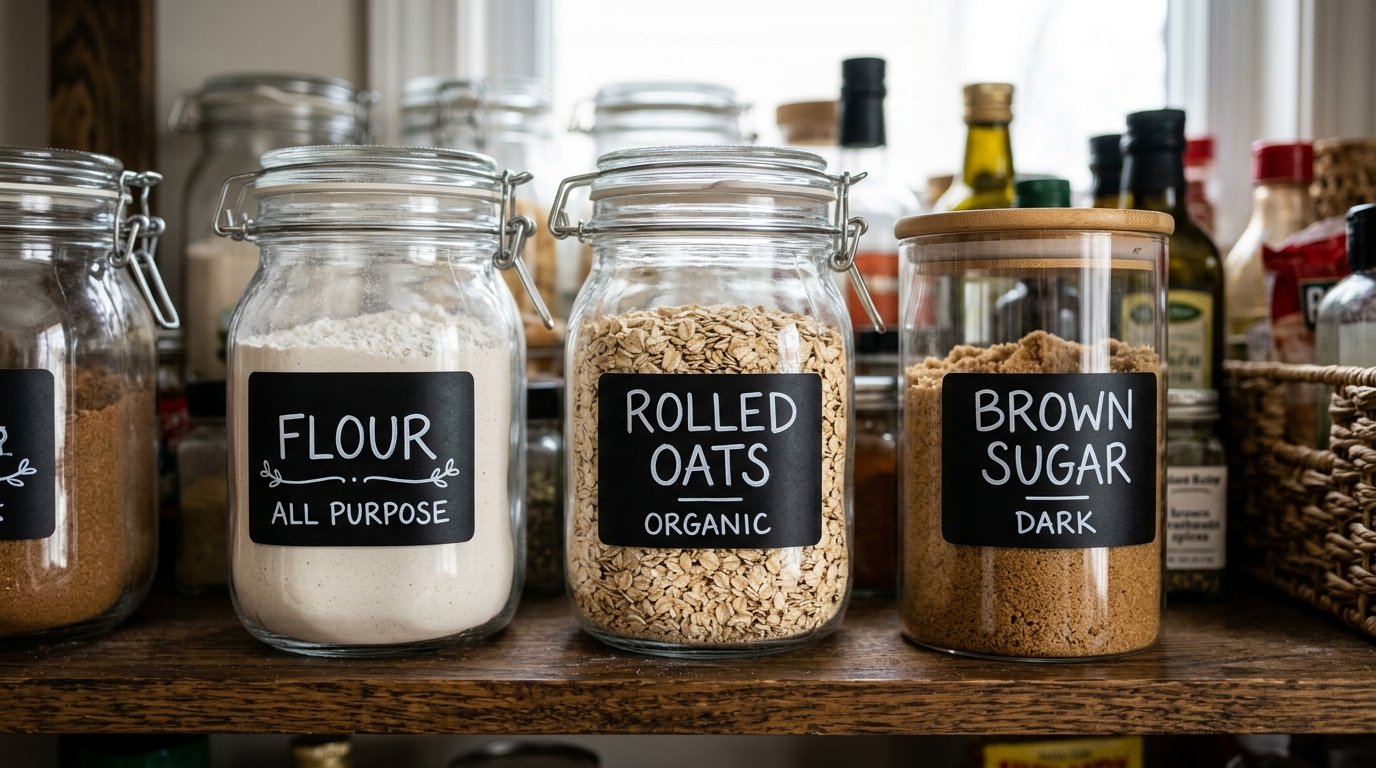 Glass pantry canisters with chalkboard labels for flour, rolled oats, and dark brown sugar on a wooden shelf.
