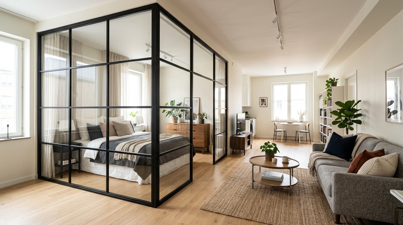 A bedroom enclosed by black-framed glass walls in a bright open-concept apartment with a grey sofa.