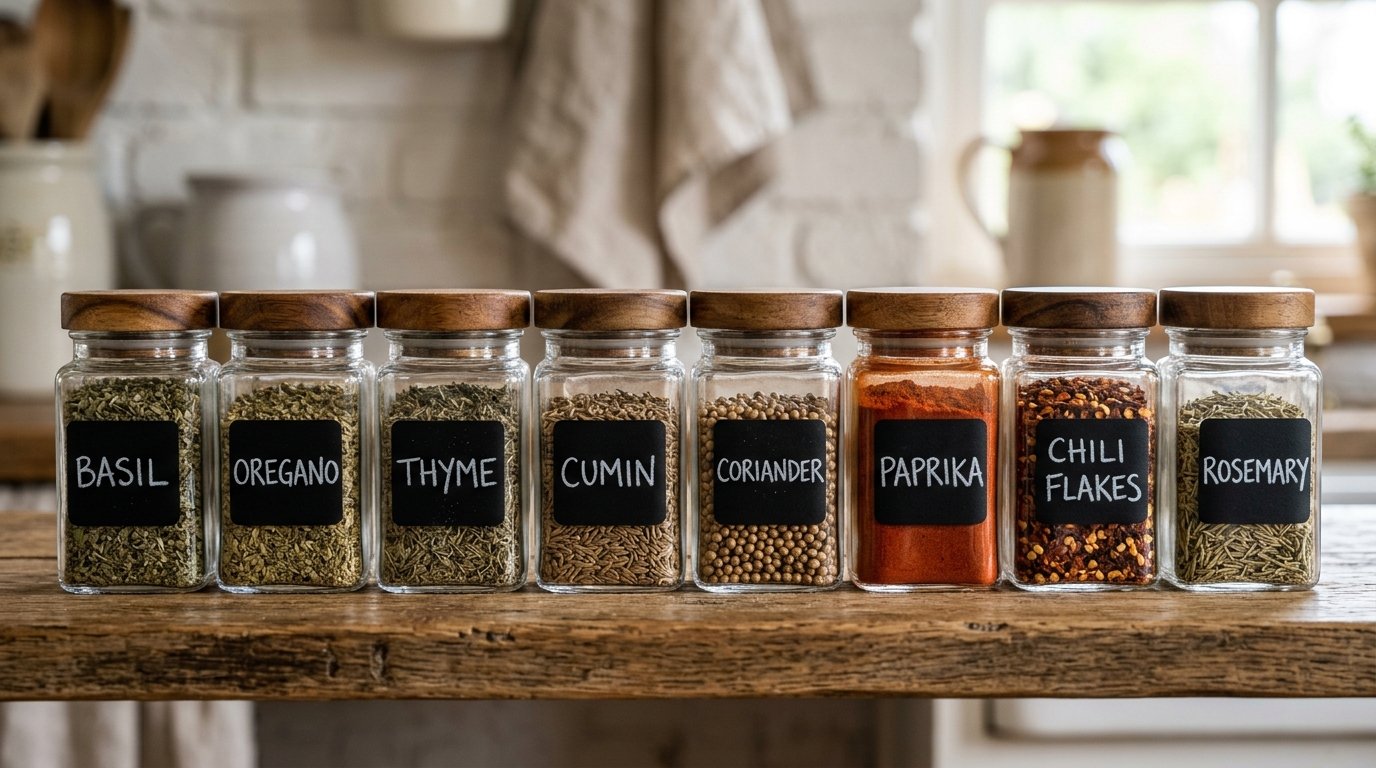Eight square glass jars containing various dried herbs and spices sit on a rustic wooden shelf.